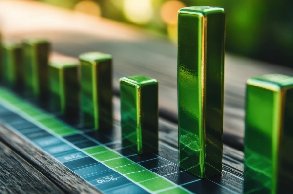 Zielony wykres ilustrujący rosnącą efektywność i korzyści ekologiczne.