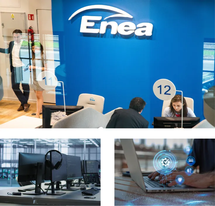 Enea Centrum - widok na sale obsługi klienta BOK, słuchawki na infolinii oraz cyfrowa obsługa usług wspólnych